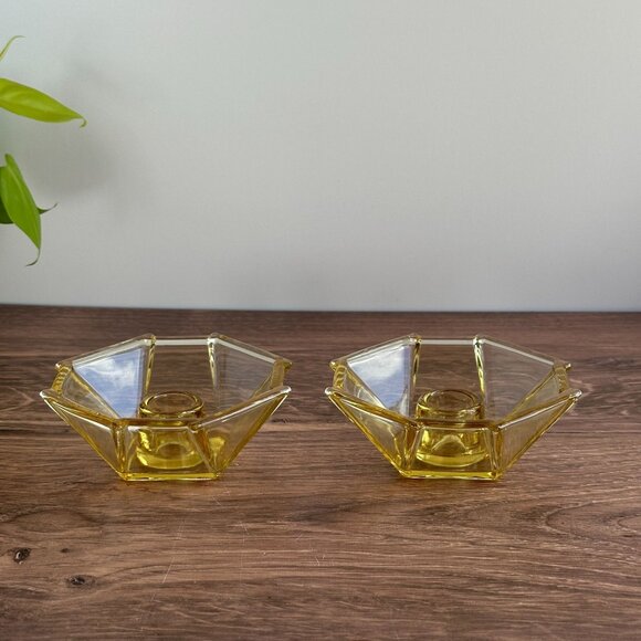 Fostoria 1930s Candle Holders, Yellow Deco Glass Pair - Picture 11 of 11